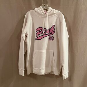 PINK Victoria's Secret Hoodie Sweatshirt  White Kangaroo Pockets Pink Logo Sz L